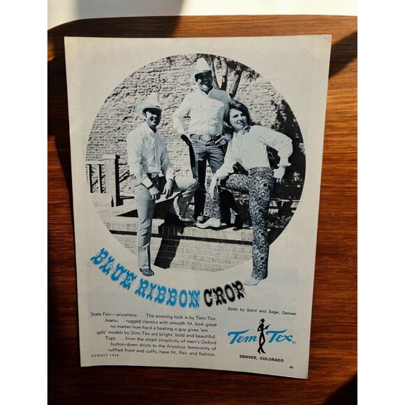 Tem-Tex Vintage Print Ad 1970s Blue Ribbon Crop Denim Jeans Cowboys Cowgirl - Picture 1 of 6